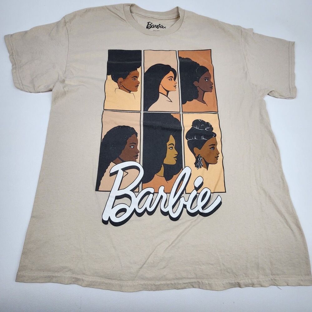 Barbie Women's XL Graphic T-Shirt Beige Diverse Dolls Faces 2023 Mattel Cotton